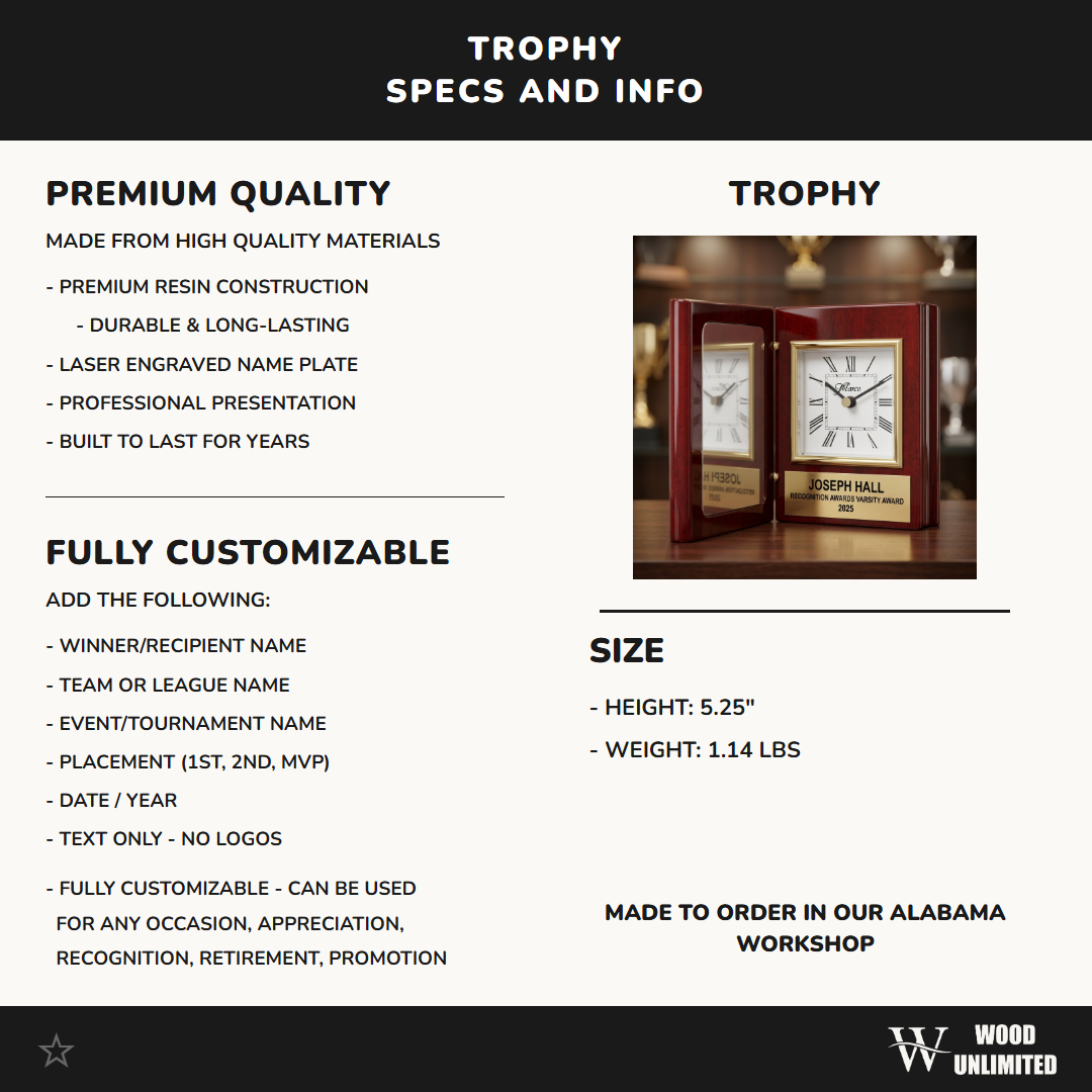 Recognition Awards award size, rosewood material, and personalization specification chart for custom engraving orders, formatted for Amazon shoppers — featuring Personalized rosewood desk clock with engraving, a popular choice for HR Departments and Managers for Groomsmen Gifts