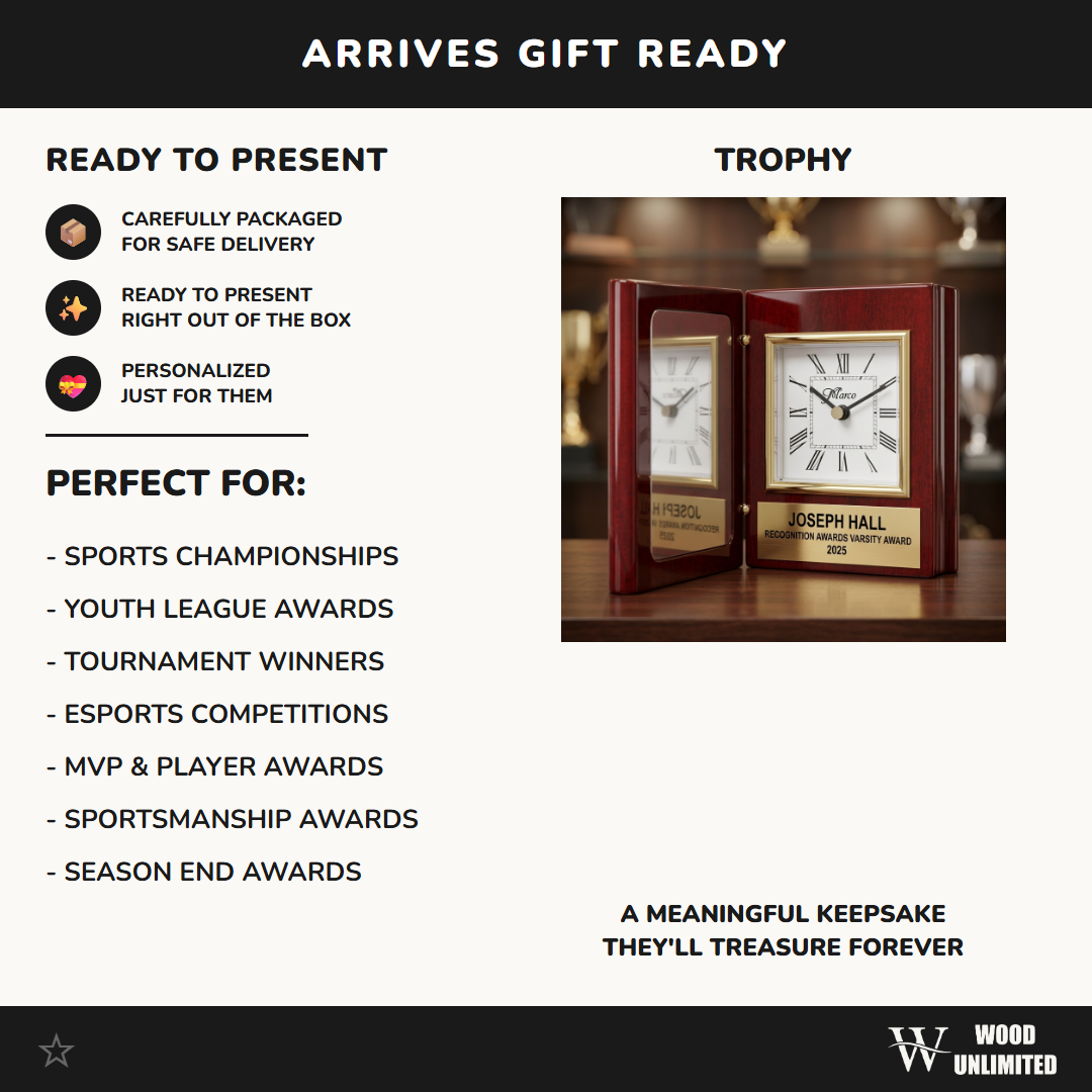 Gift-ready presentation of a personalized Recognition Awards award in rosewood, ready to ship for recognition gifting, formatted for Amazon shoppers — featuring Personalized rosewood desk clock with engraving, a popular choice for Organizations for Company Holiday Parties
