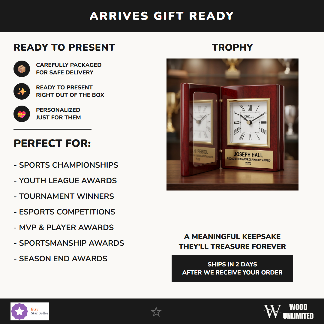 Gift-ready presentation of a personalized Recognition Awards award in rosewood, ready to ship for recognition gifting — featuring Custom engraved retirement clock gift, a popular choice for Individuals seeking unique personalized gifts for Volunteer Recognition Events