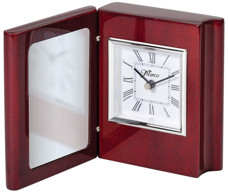 Manufacturer reference photo of the Recognition Awards award blank in rosewood before custom engraving — featuring Hinged book style engraved clock, a popular choice for Small Business Owners for Corporate Anniversaries