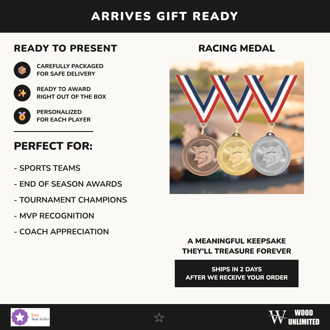 Personalized Racing Medals with Neck Ribbon - Gold Silver Bronze - Custom Engraved