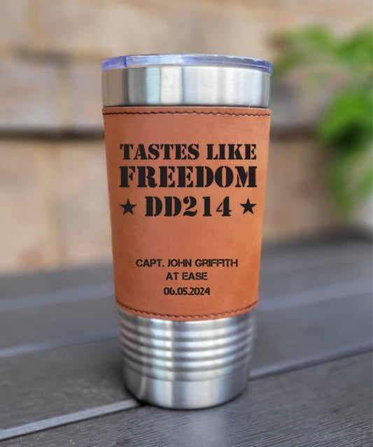Personalized DD214 Military Retirement Gift - Personalized Leather 20oz Insulated Leatherette Drink Tumbler, Retirement Na...