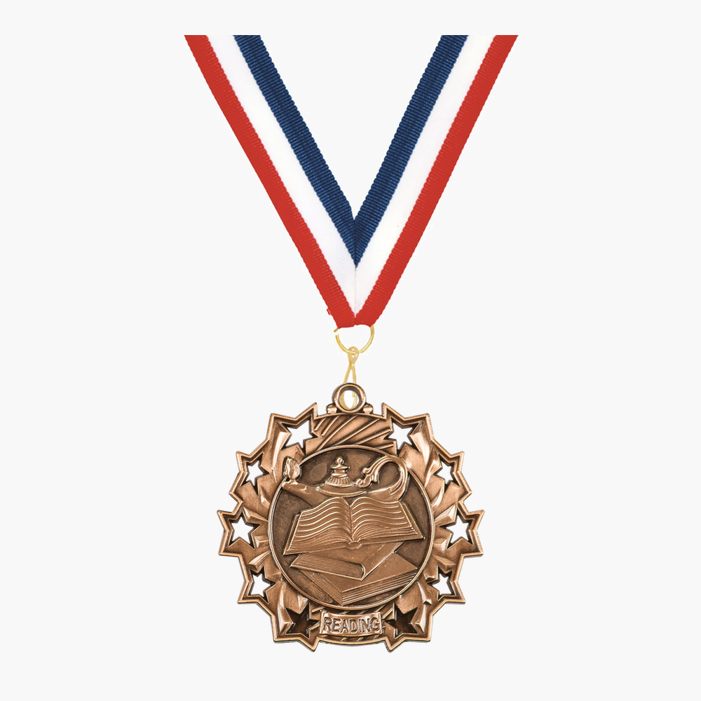 Personalized Reading Medals with Neck Ribbon - Gold Silver Bronze - Custom Engraved