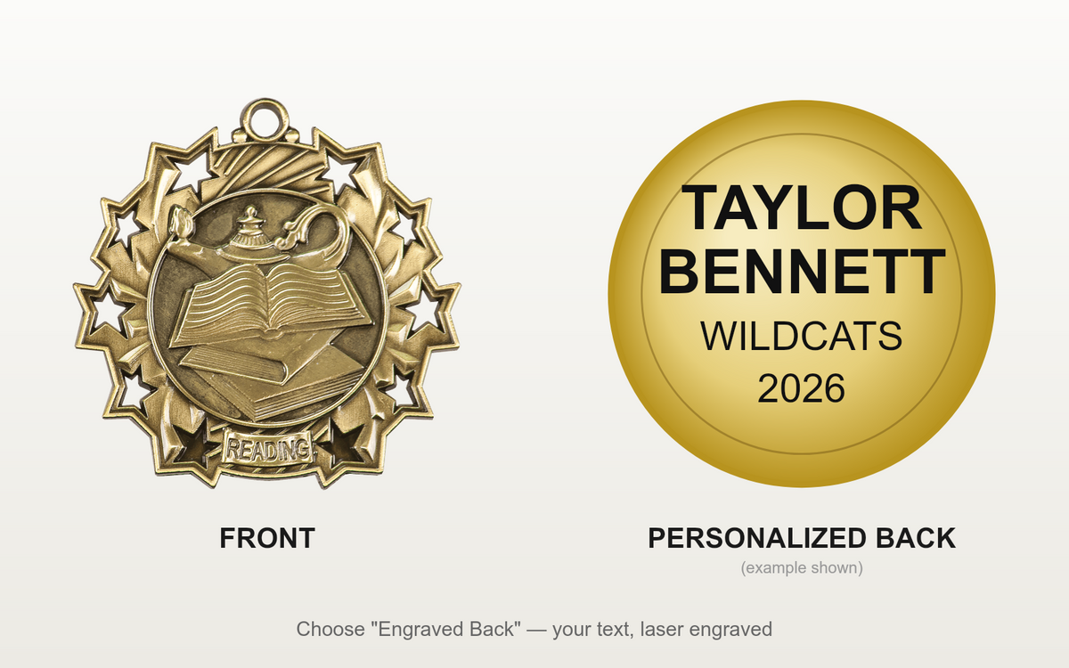 Personalized Reading Medals with Neck Ribbon - Gold Silver Bronze - Custom Engraved
