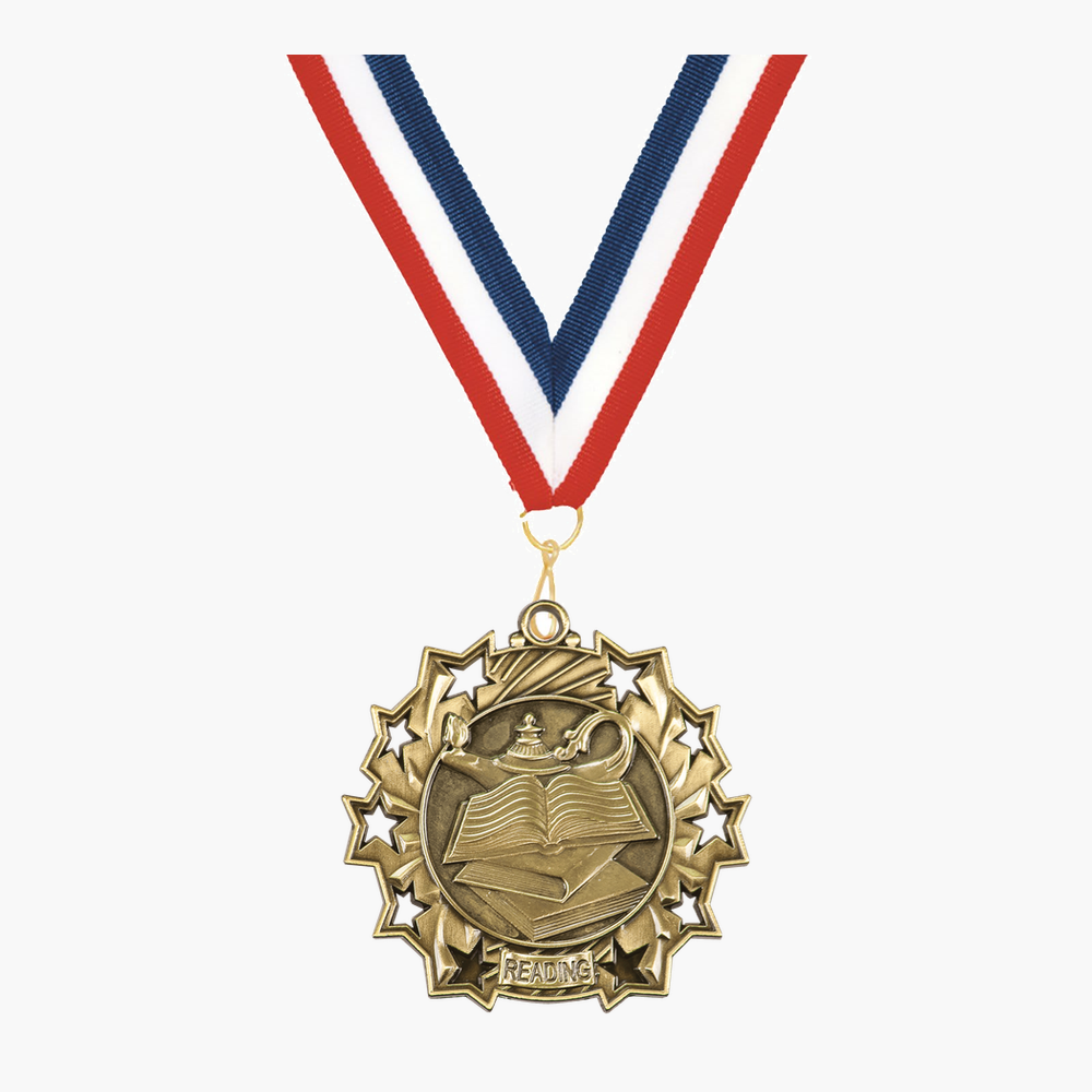 Personalized Reading Medals with Neck Ribbon - Gold Silver Bronze - Custom Engraved