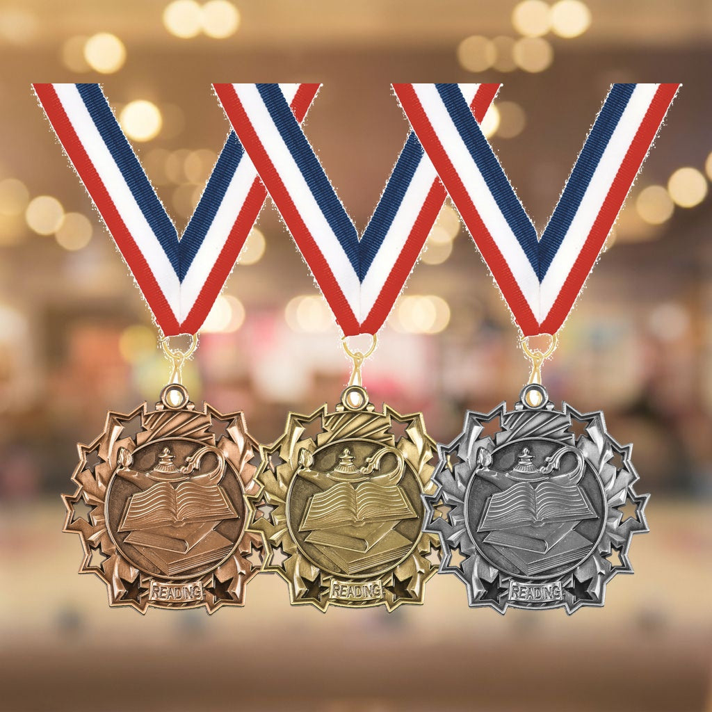 Personalized Reading Medals with Neck Ribbon - Gold Silver Bronze - Custom Engraved