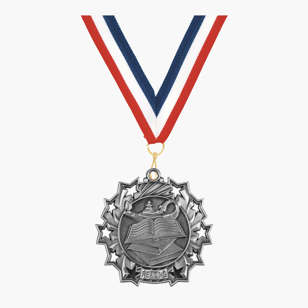 Personalized Reading Medals with Neck Ribbon - Gold Silver Bronze - Custom Engraved