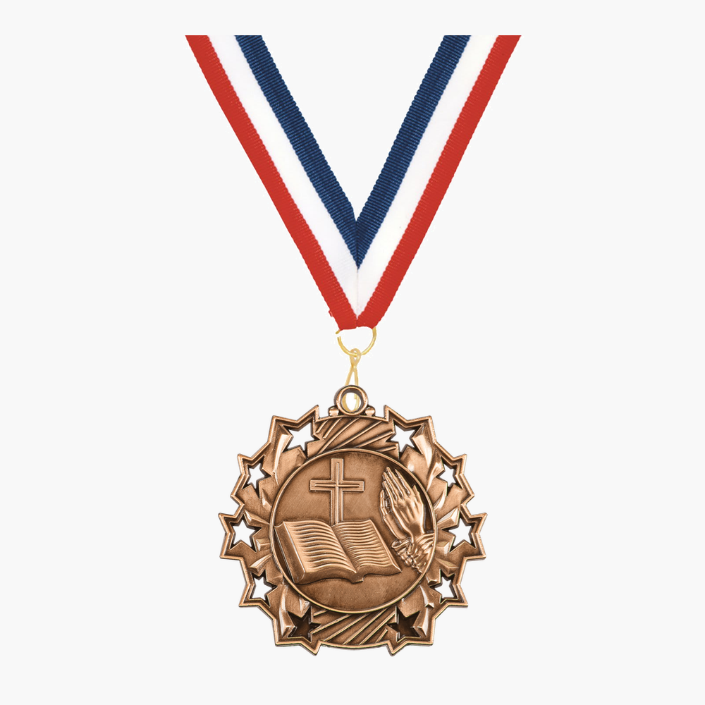Personalized Religious Medals with Neck Ribbon - Gold Silver Bronze - Custom Engraved