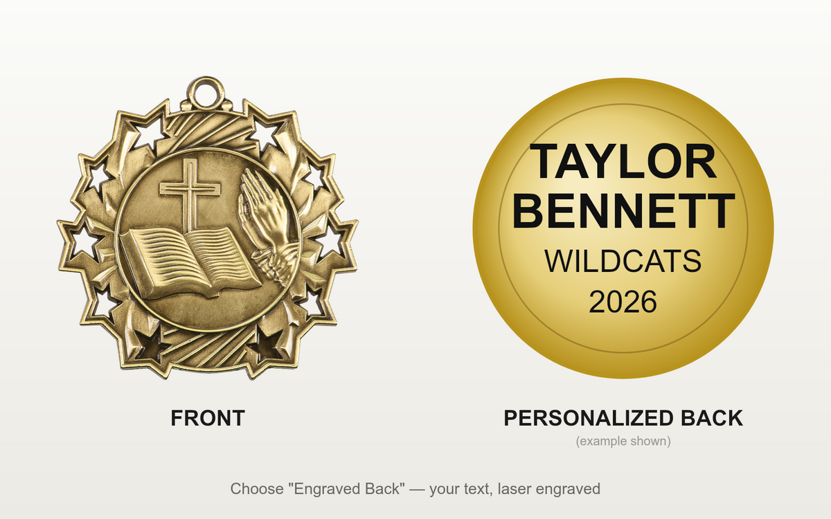 Personalized Religious Medals with Neck Ribbon - Gold Silver Bronze - Custom Engraved