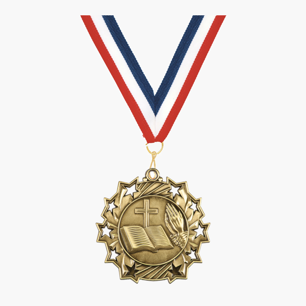 Personalized Religious Medals with Neck Ribbon - Gold Silver Bronze - Custom Engraved