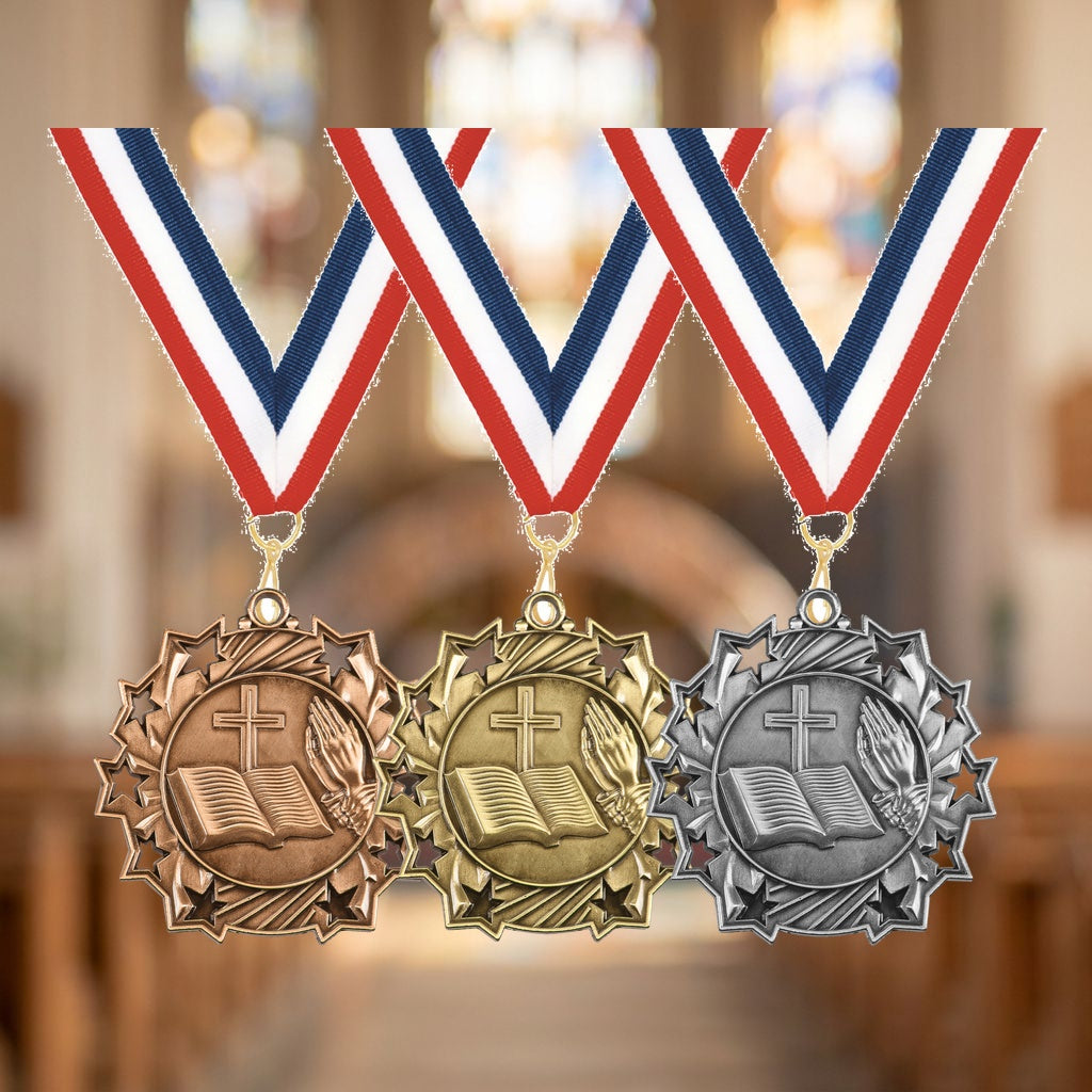 Personalized Religious Medals with Neck Ribbon - Gold Silver Bronze - Custom Engraved
