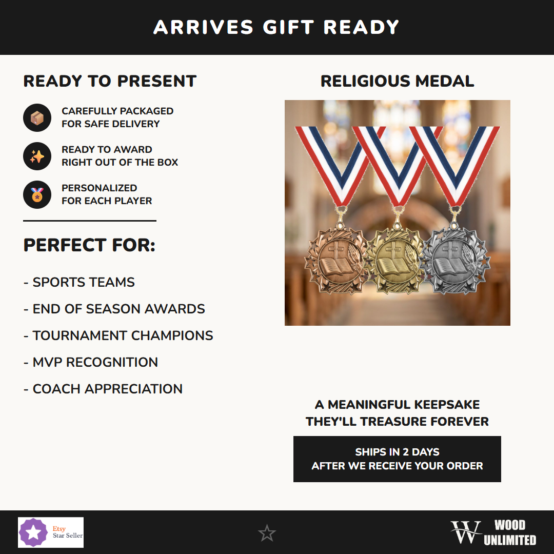 Personalized Religious Medals with Neck Ribbon - Gold Silver Bronze - Custom Engraved