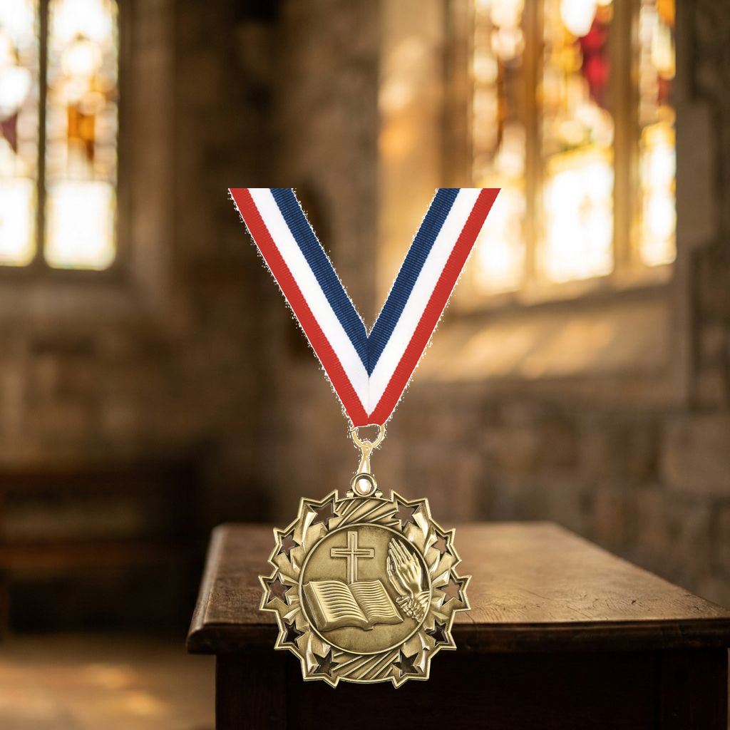 Personalized Religious Medals with Neck Ribbon - Gold Silver Bronze - Custom Engraved