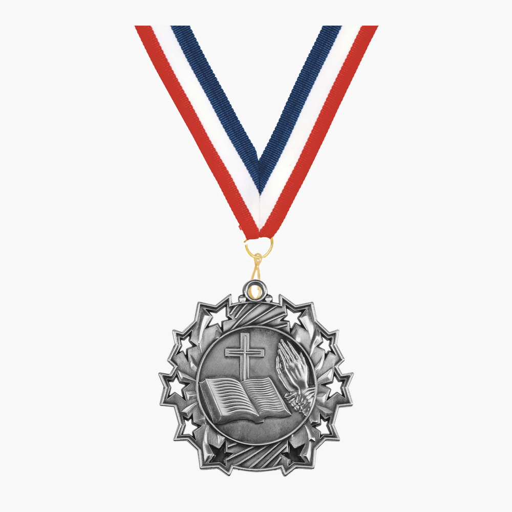 Personalized Religious Medals with Neck Ribbon - Gold Silver Bronze - Custom Engraved