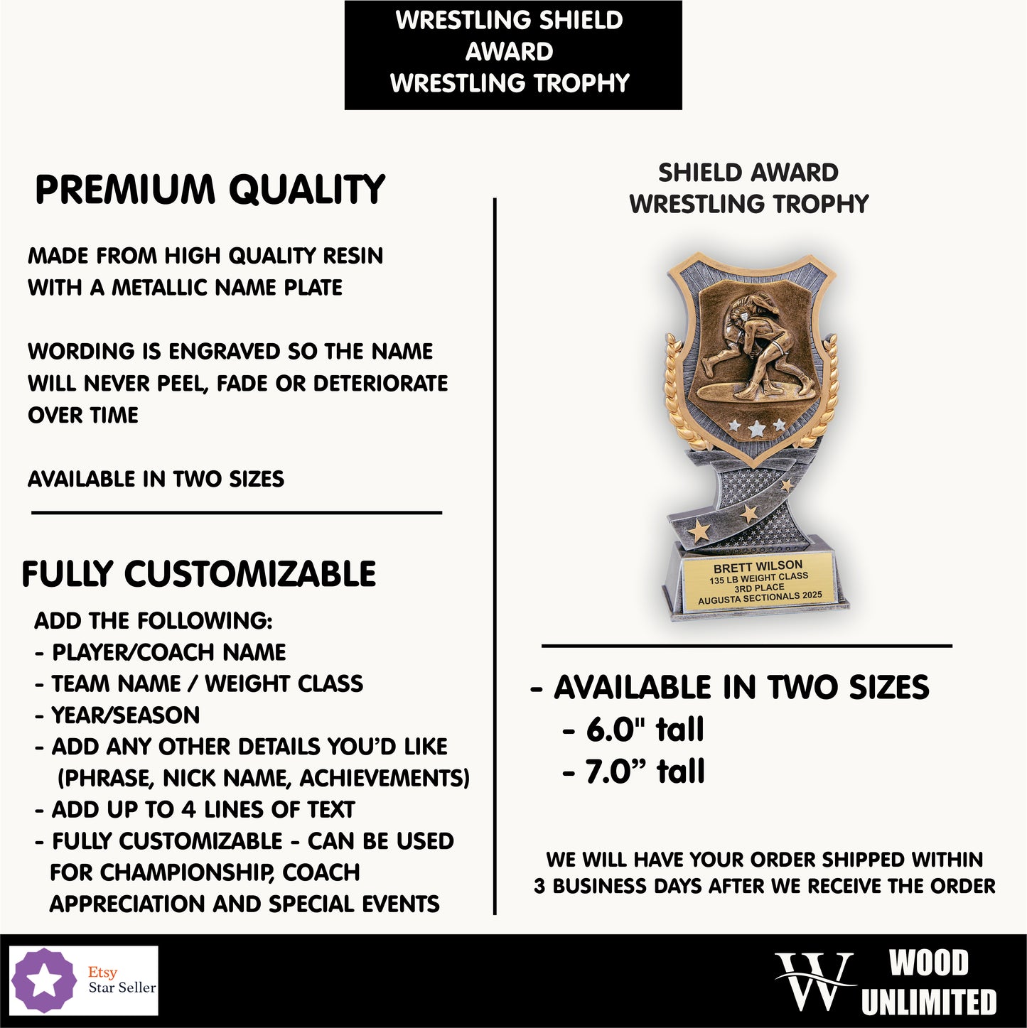 Custom Wrestling Trophy with Gold and Silver Shield - Engraved Wrestling Award for Athletes and Teams