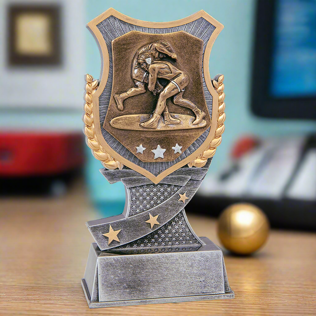 Personalized Wrestling Tournament Trophy with Engraving - Silver and Gold Shield Award for Wrestling Winners