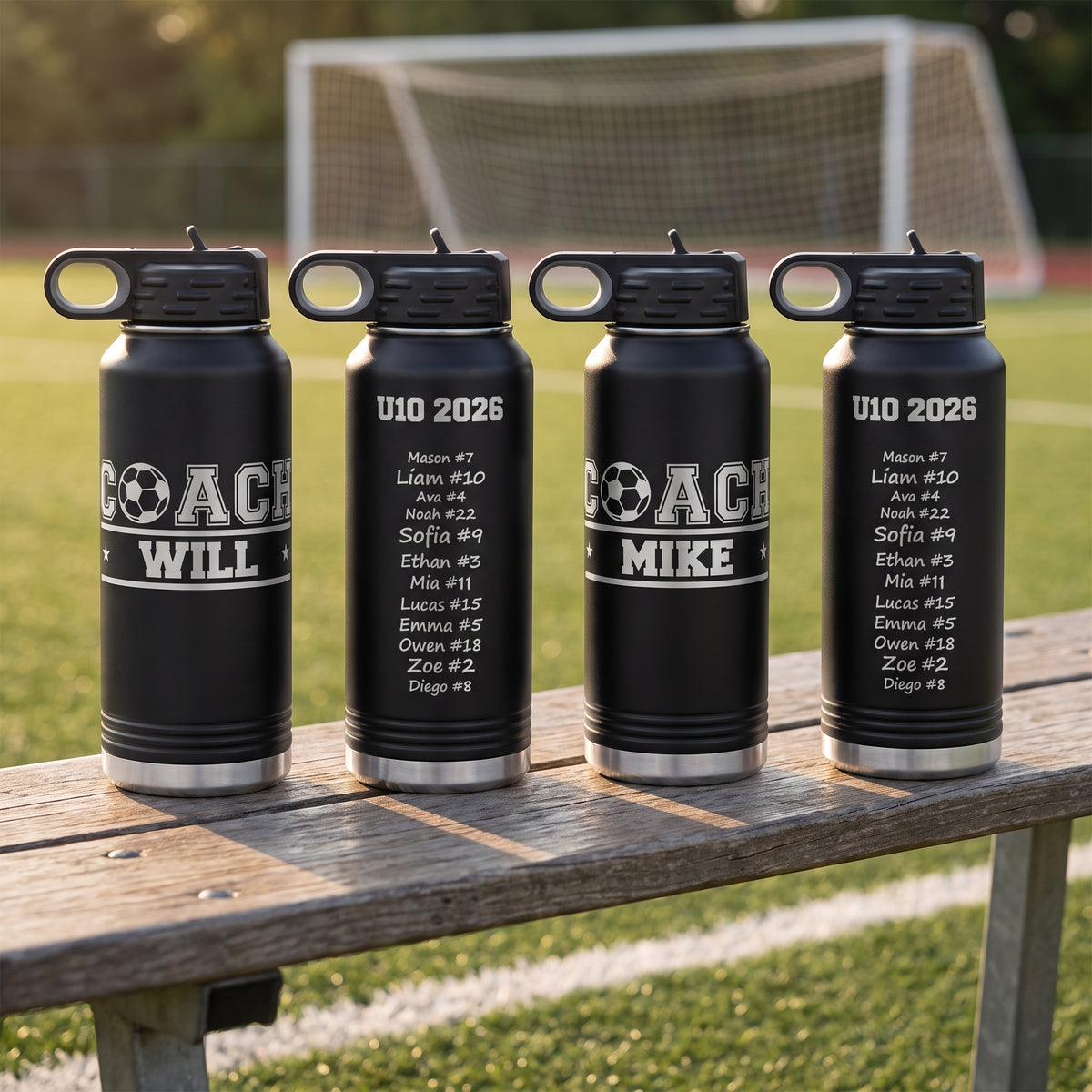 Personalized soccer coach water bottles with the COACH soccer ball logo and coach name engraved on the front and player signatures on the back