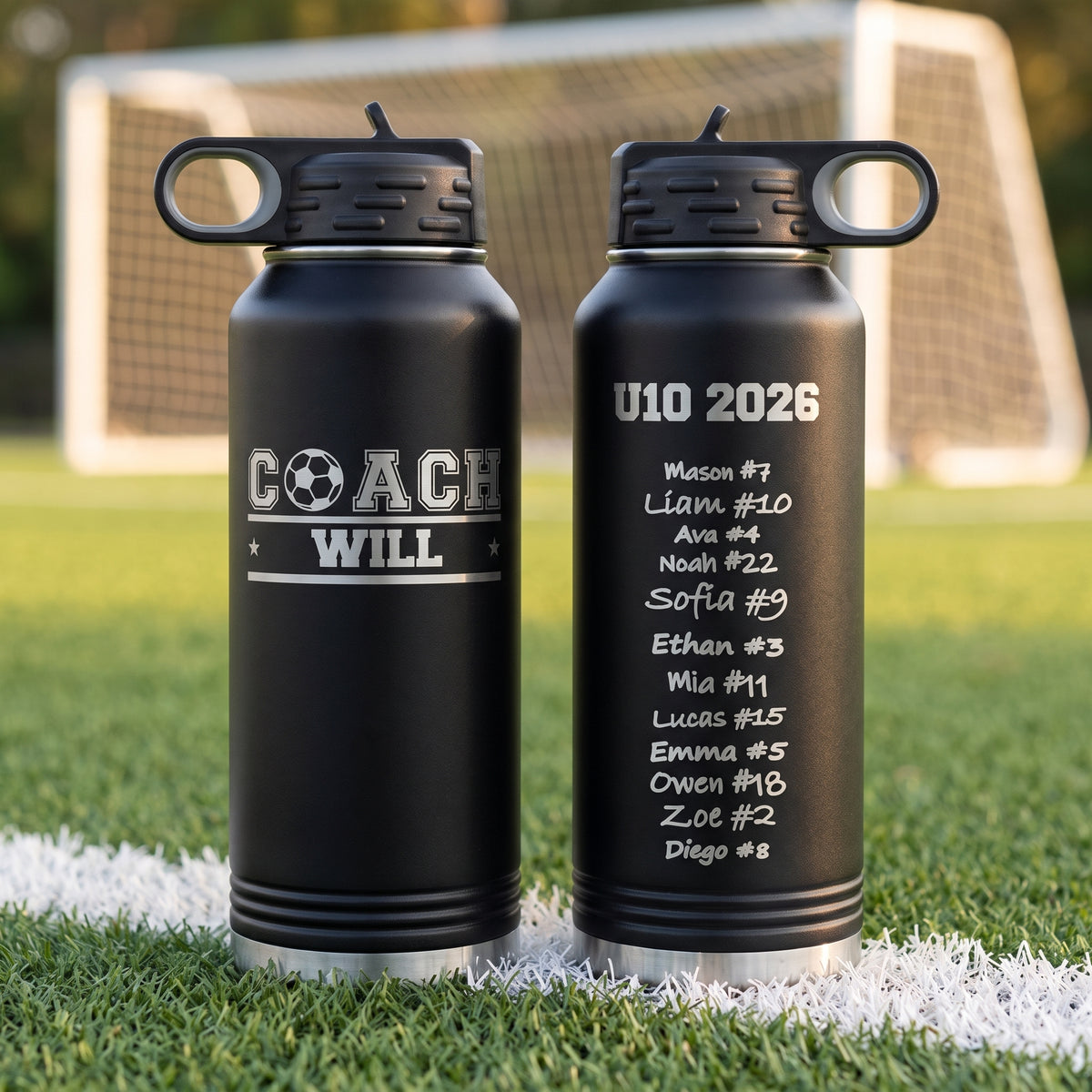 Front and back of an engraved soccer coach gift bottle showing the coach name and the team signatures engraved on the reverse side