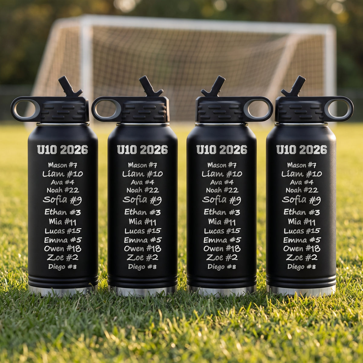 Back of the personalized soccer coach bottle with the team, season, and every player signature laser engraved in silver