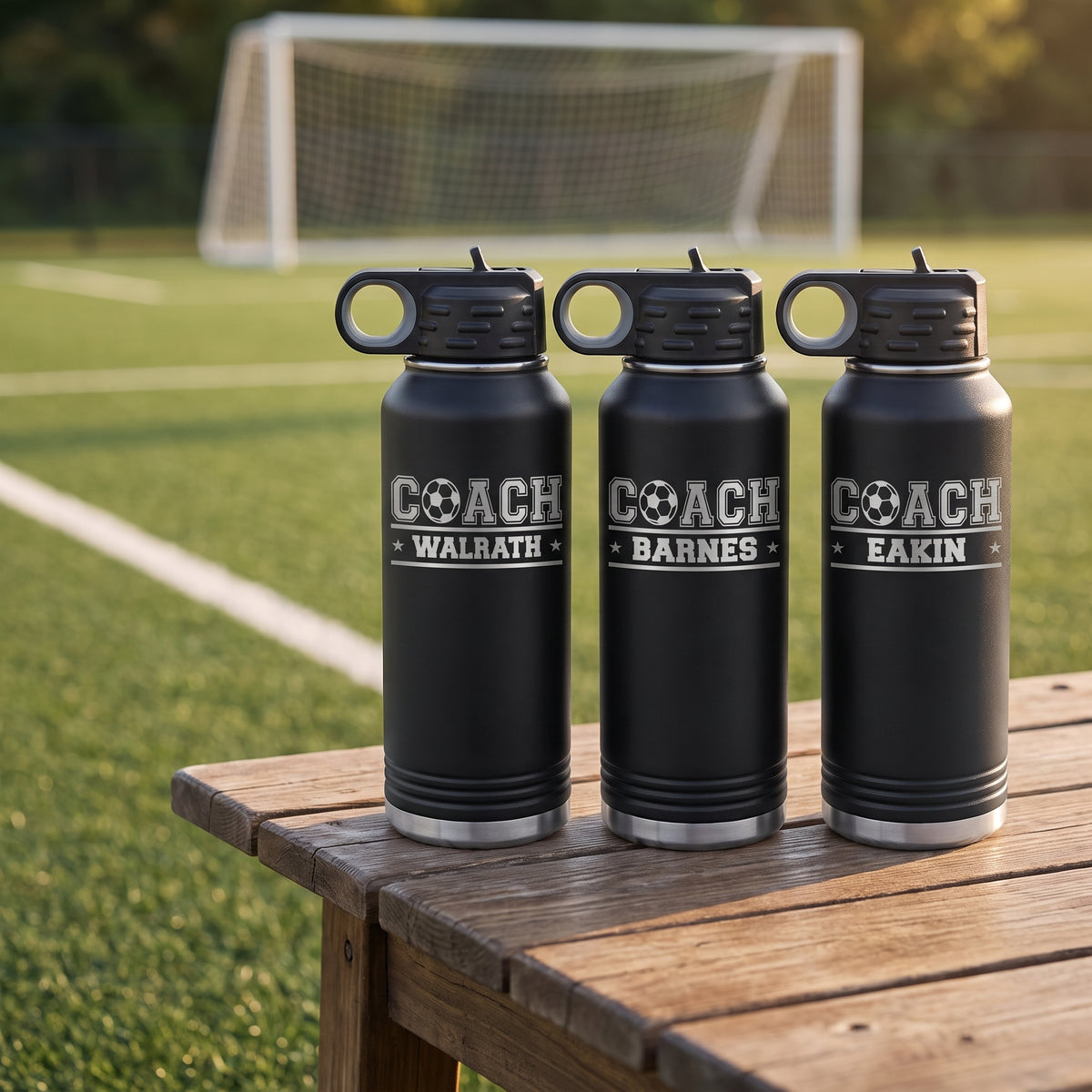 Three black engraved soccer coach water bottles with different coach names, an end of season coach appreciation gift