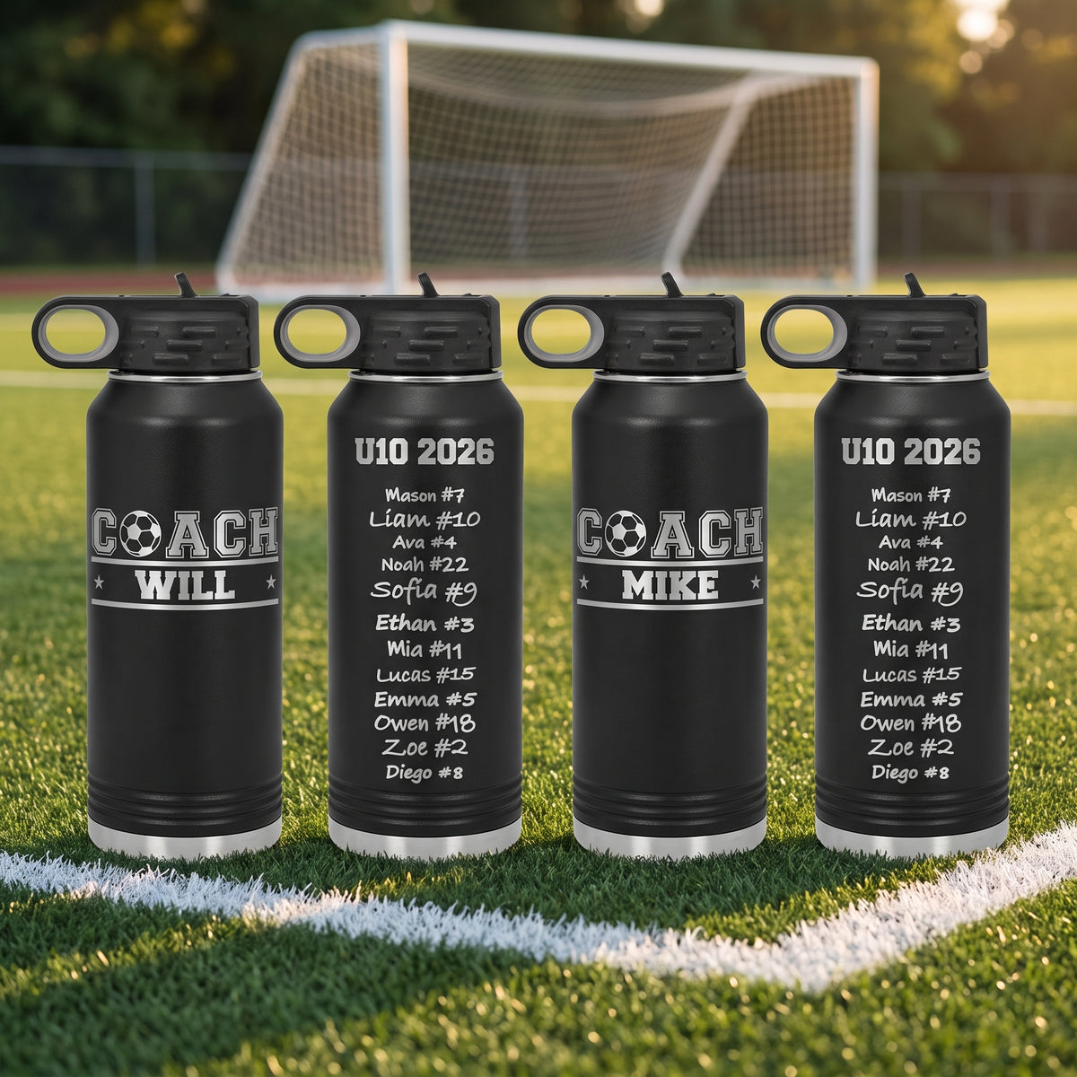 Engraved soccer coach water bottles lined up on the pitch with the player signatures and coach names ready for the banquet
