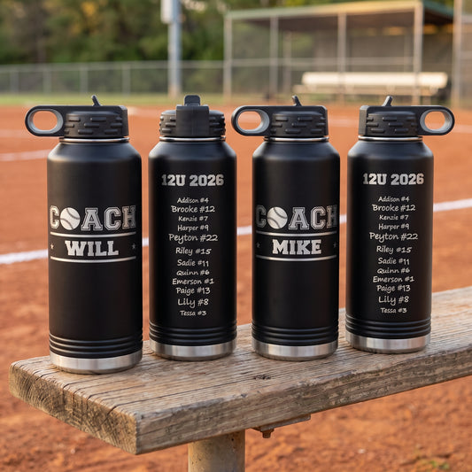 Personalized softball coach water bottles with the COACH softball logo and coach name engraved on the front and player signatures on the back