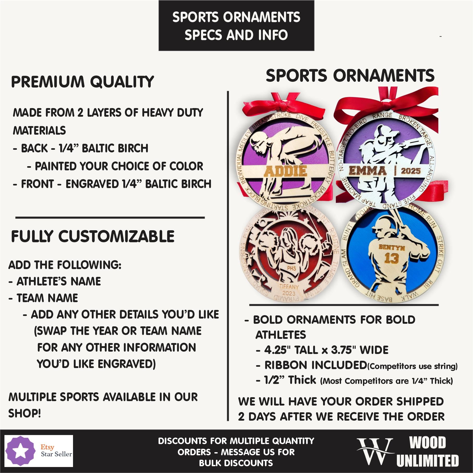 Sports ornaments with customizable features and specifications on a black background.