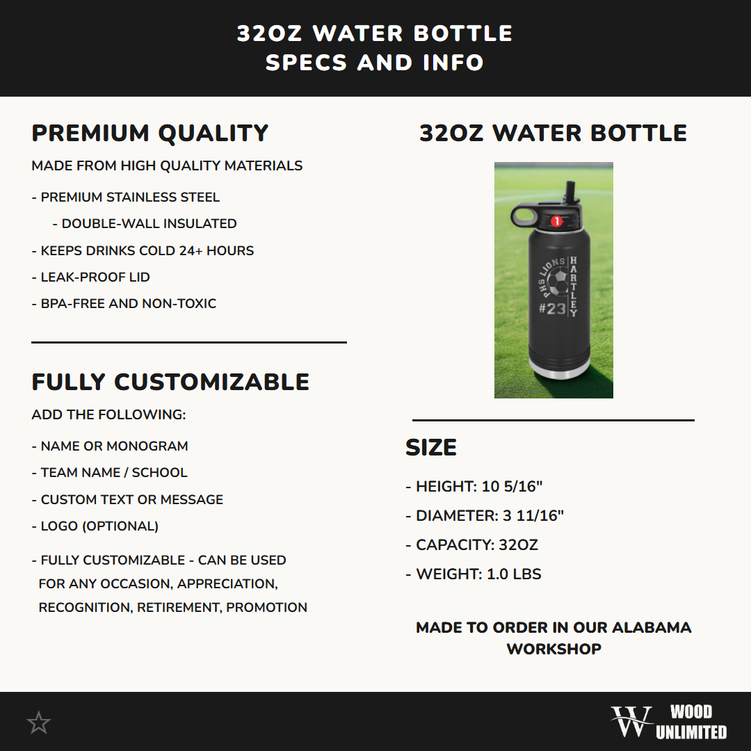 Personalized Soccer Water Bottles - Custom Engraved 32oz Stainless Steel Bottle for Soccer Players and Soccer Coaches