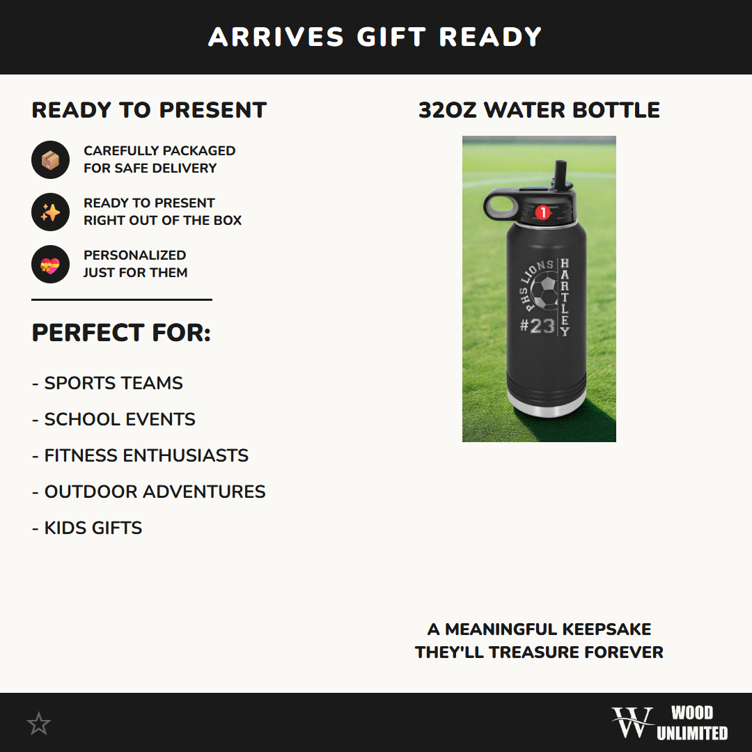 Personalized Soccer Water Bottles - Custom Engraved 32oz Stainless Steel Bottle for Soccer Players and Soccer Coaches