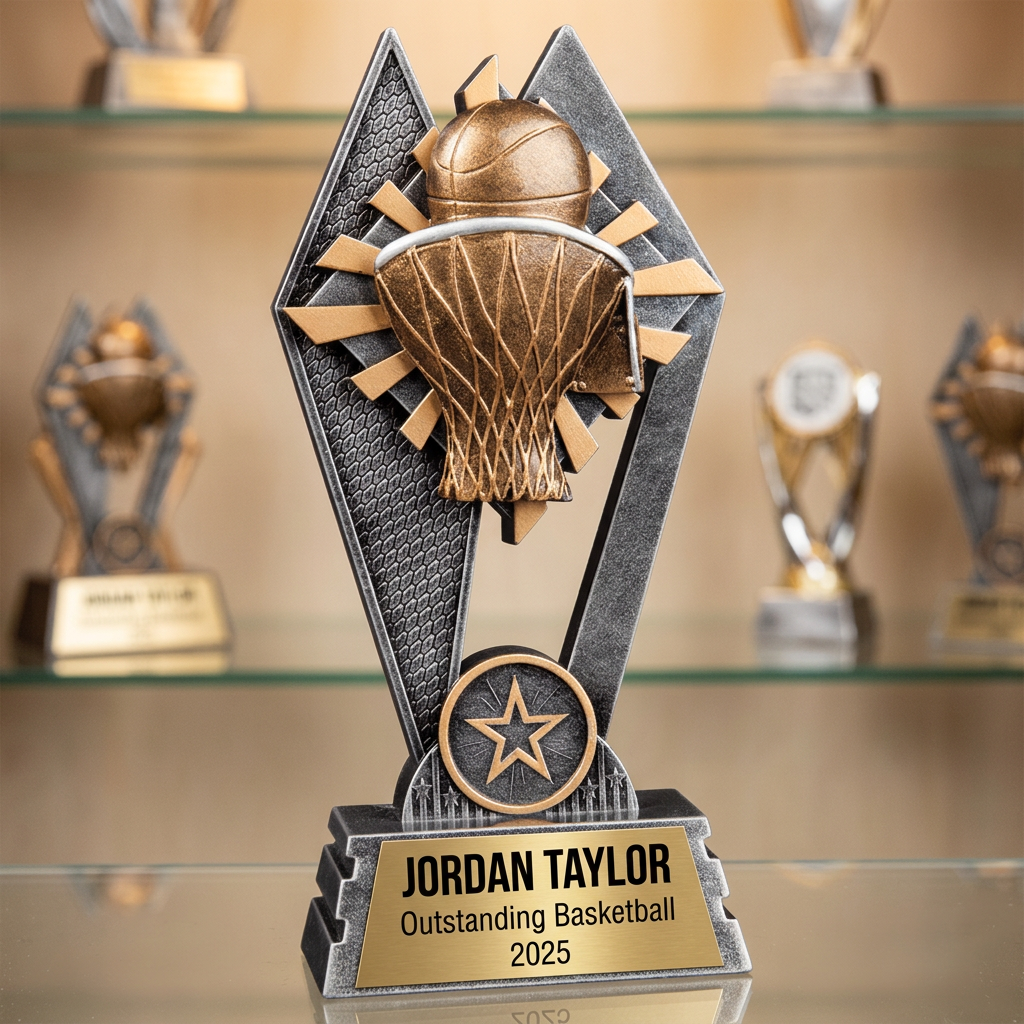 Personalized Basketball Trophy | Custom SunRay Awards Award 7" | Laser Engraved Gold Name Plate | Team MVP Recognition Gift - View 1