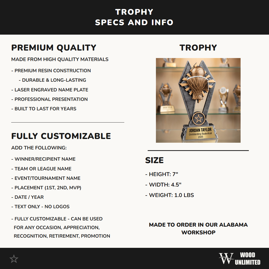 Personalized Basketball Trophy | Custom SunRay Awards Award 7" | Laser Engraved Gold Name Plate | Team MVP Recognition Gift
