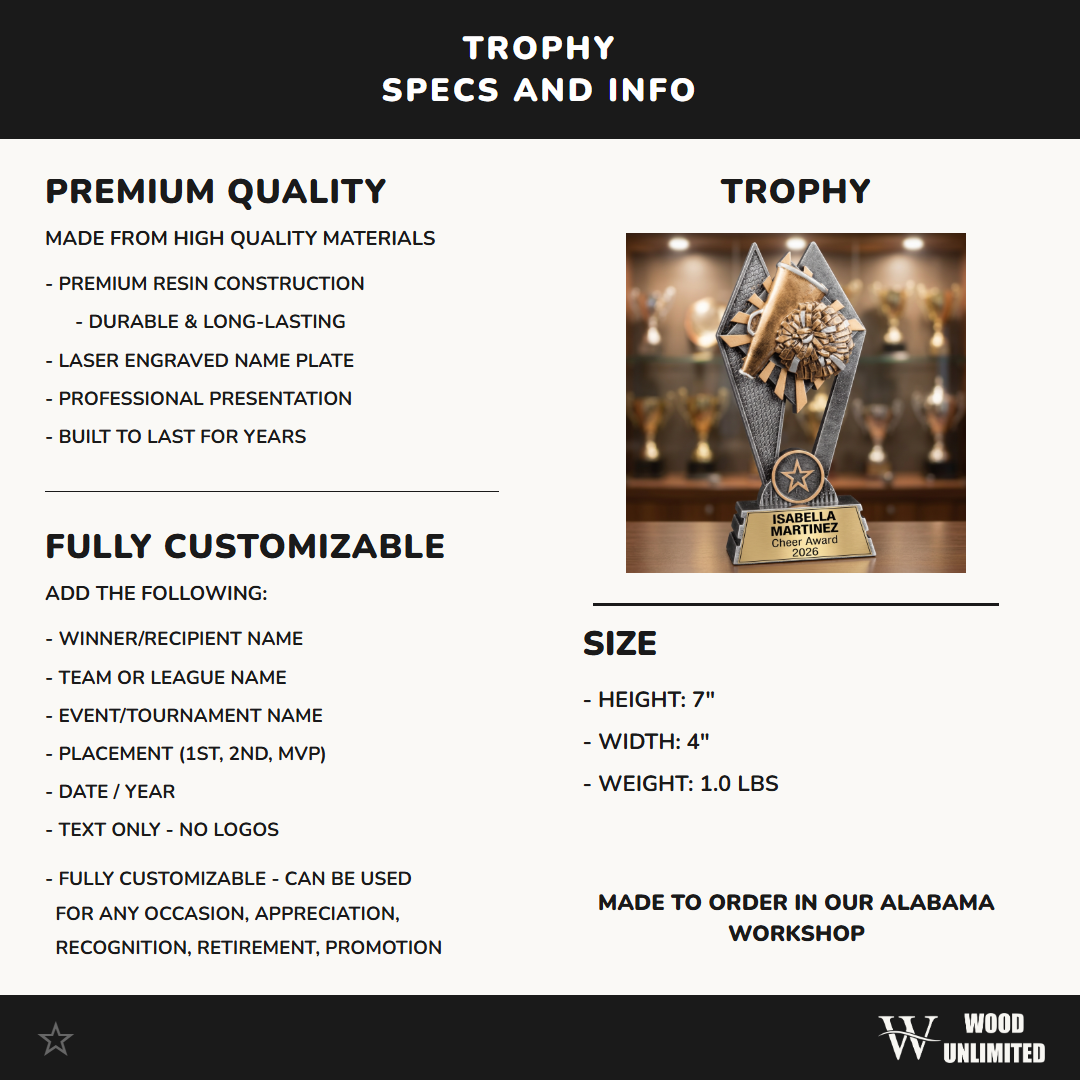 Cheer Trophy | Personalized Cheerleading Award | Custom Engraved Name Plate | Cheerleader Gift | End of Season Recognition
