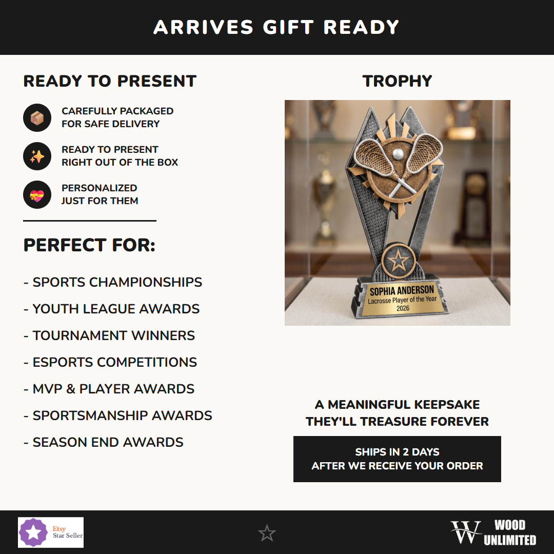 SunRay Awards Lacrosse trophy with custom text engraving