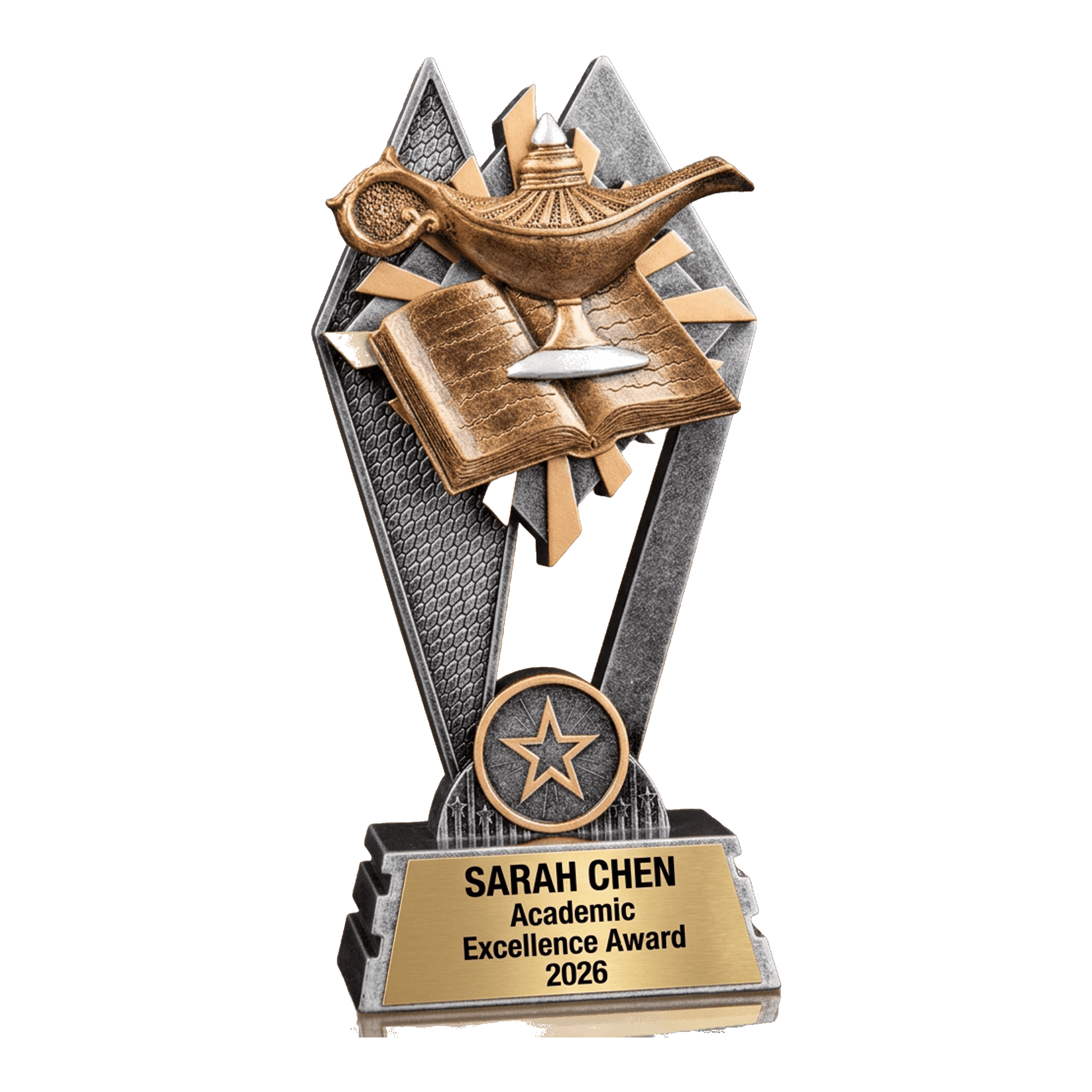Personalized academics trophy with custom engraved name plate - display view