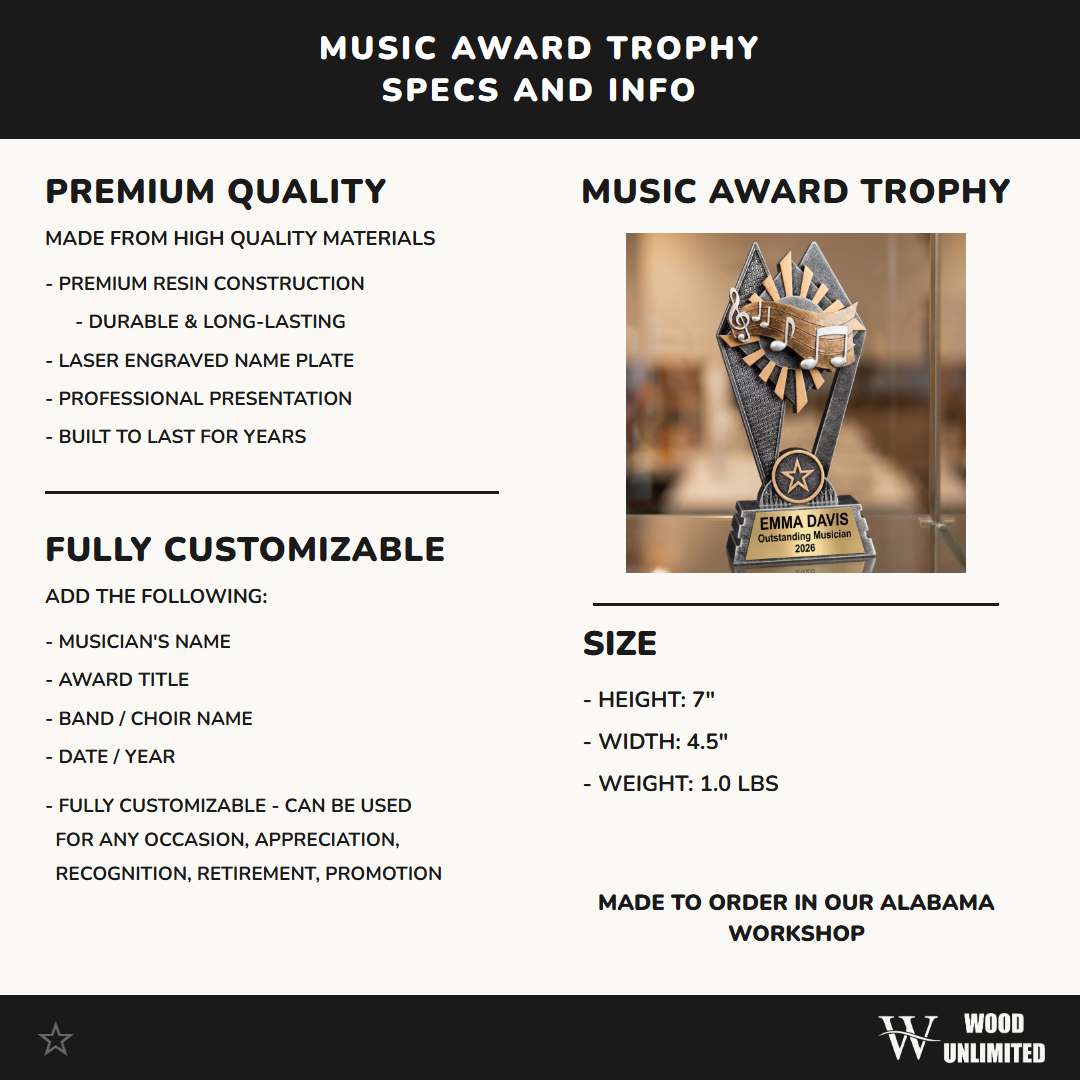 Music Trophy | Personalized Award | Custom Engraved Name Plate | Musician Recognition Gift | Music Competition Trophy