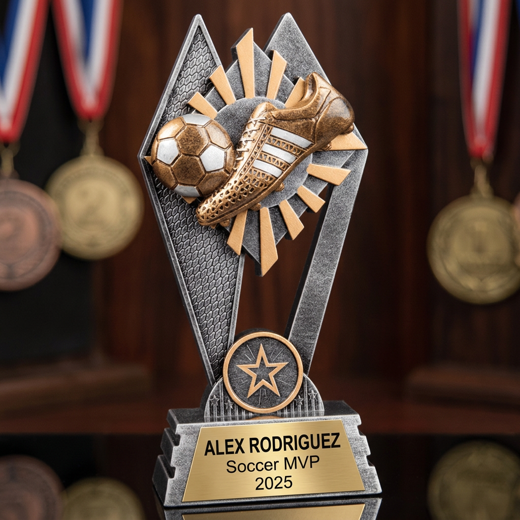 Personalized Soccer Trophy | Custom SunRay Awards Award 7" | Laser Engraved Gold Name Plate | Team MVP Recognition Gift - View 1