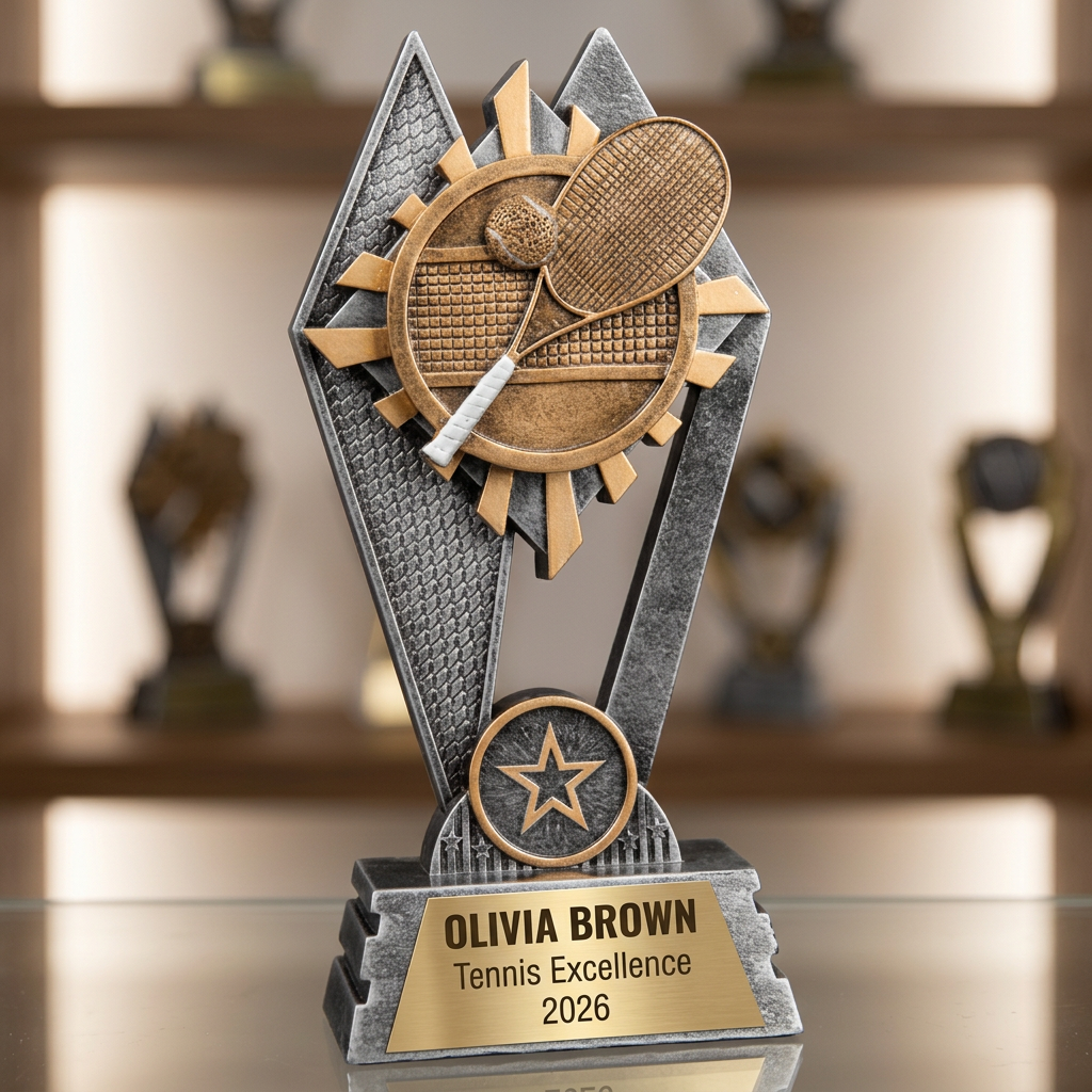 Personalized Tennis Trophy | Custom SunRay Awards Award 7" | Laser Engraved Gold Name Plate | Team MVP Recognition Gift - View 1
