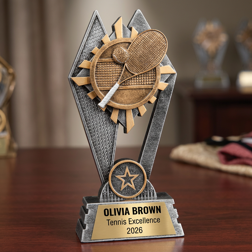 Personalized Tennis Trophy | Custom SunRay Awards Award 7" | Laser Engraved Gold Name Plate | Team MVP Recognition Gift - View 2
