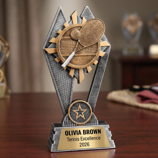 Personalized Tennis Trophy | Custom SunRay Awards Award 7" | Laser Engraved Gold Name Plate | Team MVP Recognition Gift - View 2
