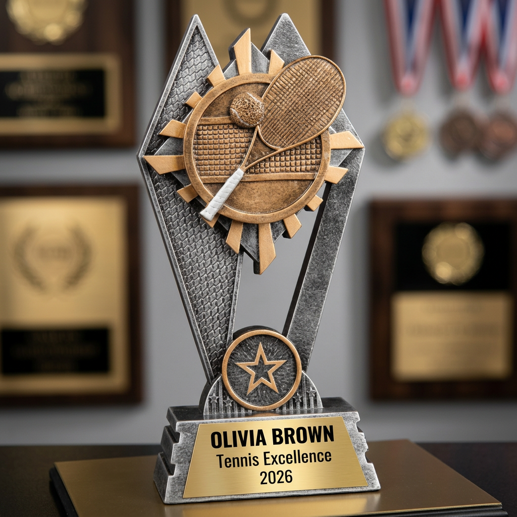 Personalized Tennis Trophy | Custom SunRay Awards Award 7" | Laser Engraved Gold Name Plate | Team MVP Recognition Gift - View 3