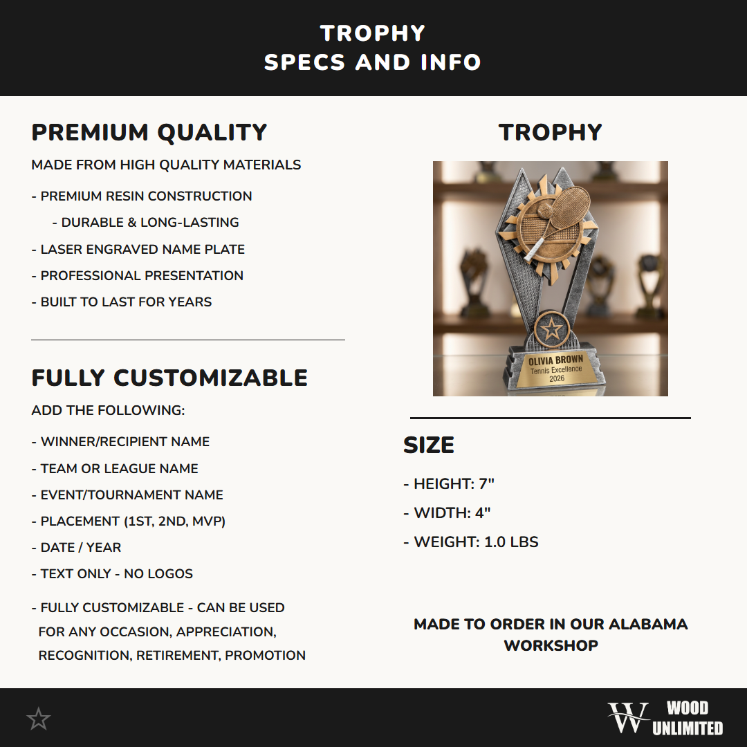 Personalized Tennis Trophy | Custom SunRay Awards Award 7" | Laser Engraved Gold Name Plate | Team MVP Recognition Gift