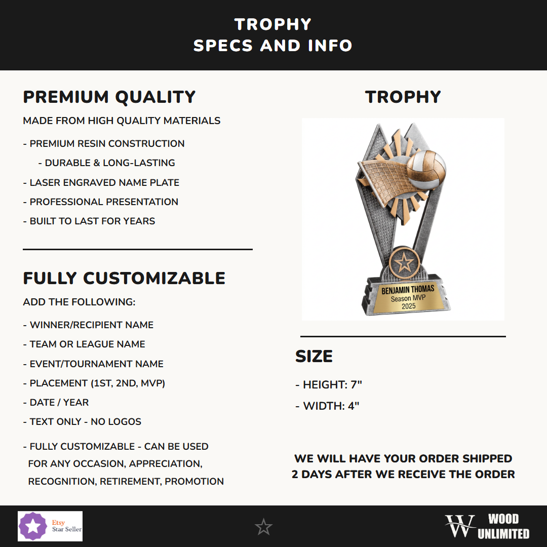 Volleyball trophy with personalized engraved name plate - SunRay Awards 7"