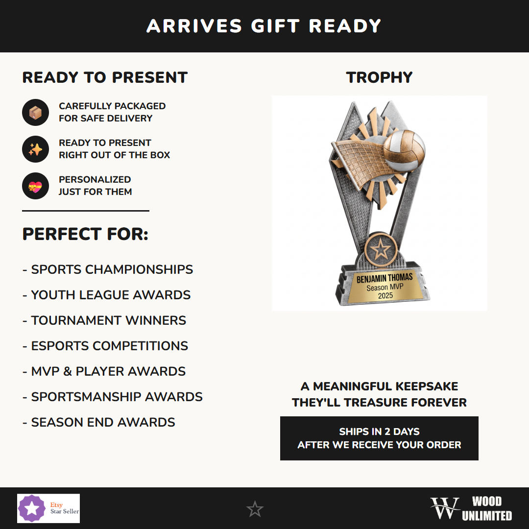 SunRay Awards Volleyball trophy with custom text engraving