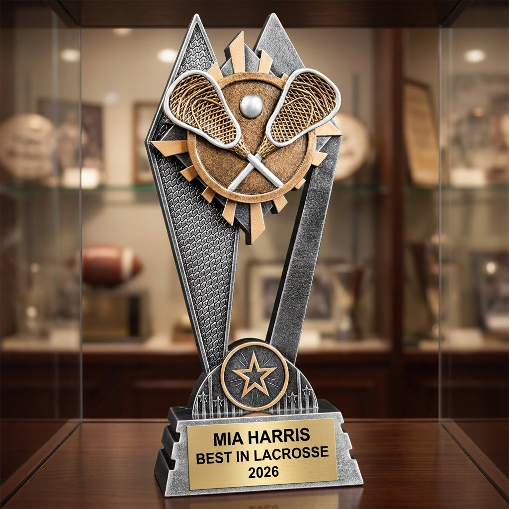 Lacrosse Trophy Award | Personalized | Custom Engraved | Lacrosse MVP | Gold Name Plate | Wood Unlimited - View 1