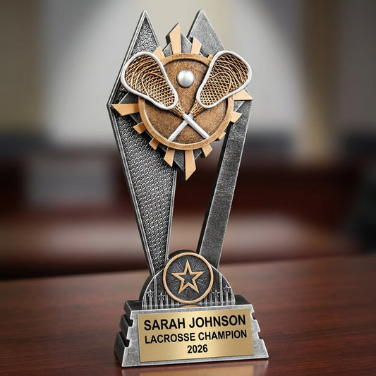 Lacrosse Trophy Award | Personalized | Custom Engraved | Lacrosse MVP | Gold Name Plate | Wood Unlimited - View 2
