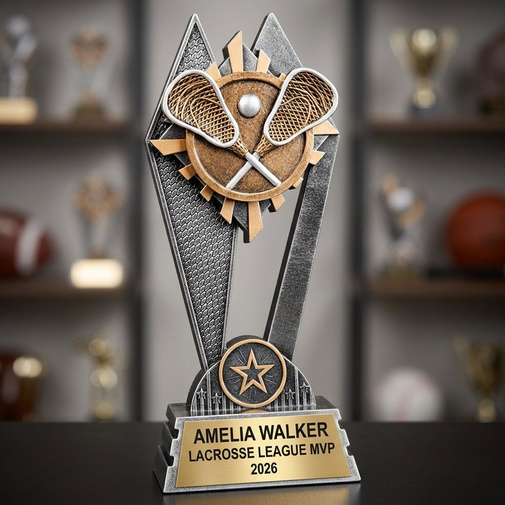 Lacrosse Trophy Award | Personalized | Custom Engraved | Lacrosse MVP | Gold Name Plate | Wood Unlimited - View 3