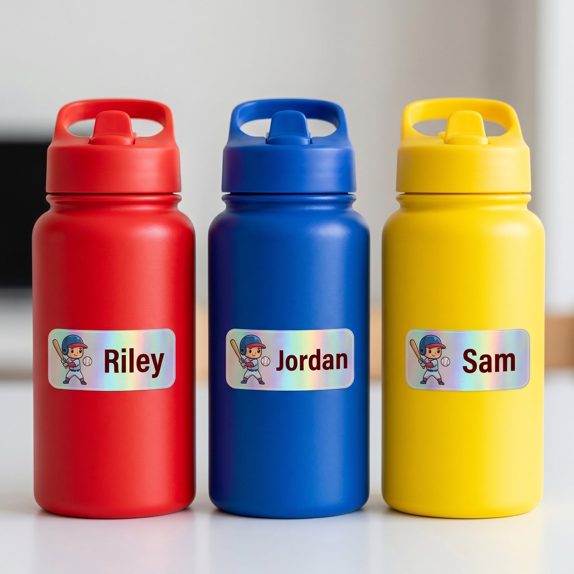 Personalized all-star sports name labels on three kids water bottles