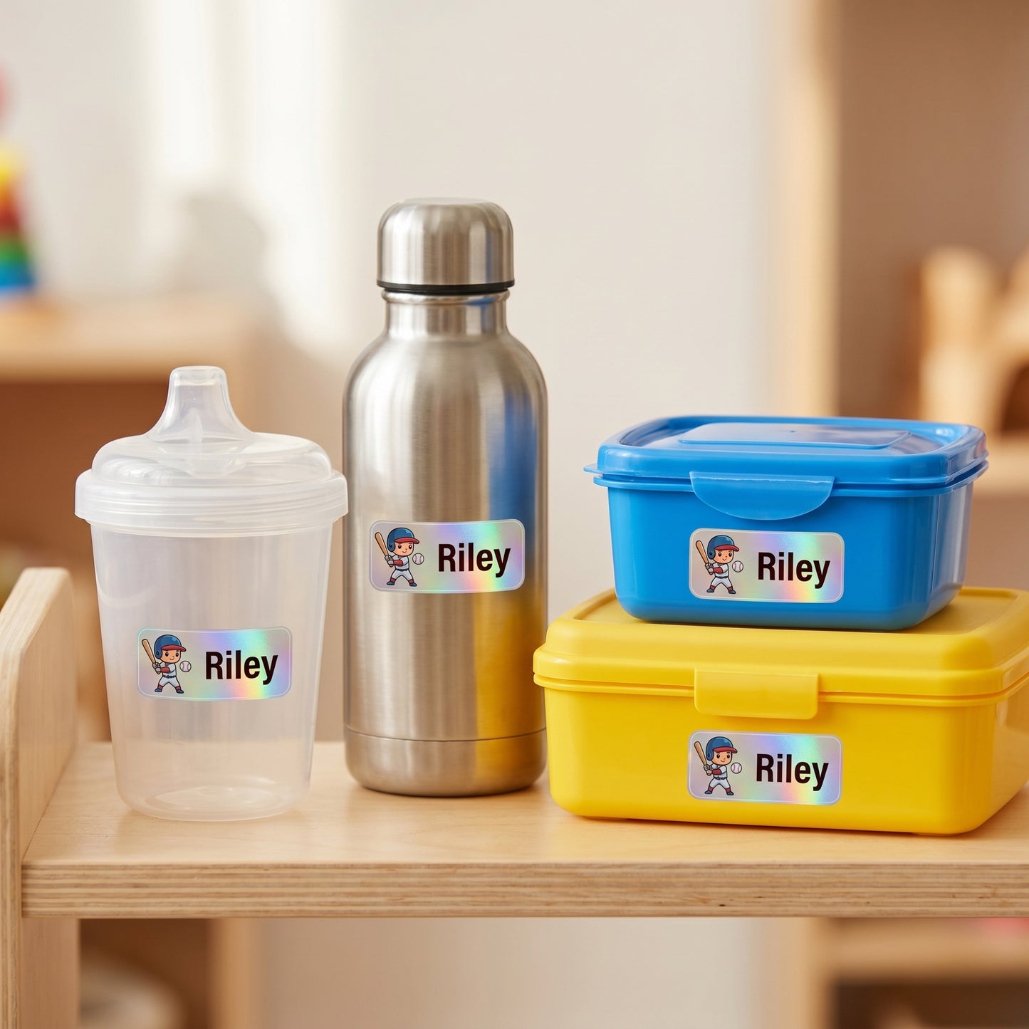 all-star sports name labels on daycare items - sippy cup, bottle, snack container, lunchbox