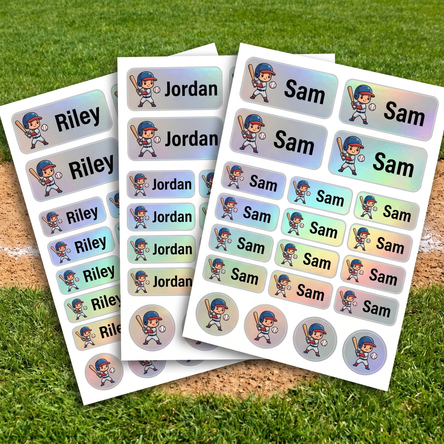 Holographic all-star sports name labels combo sheets - waterproof kids name stickers