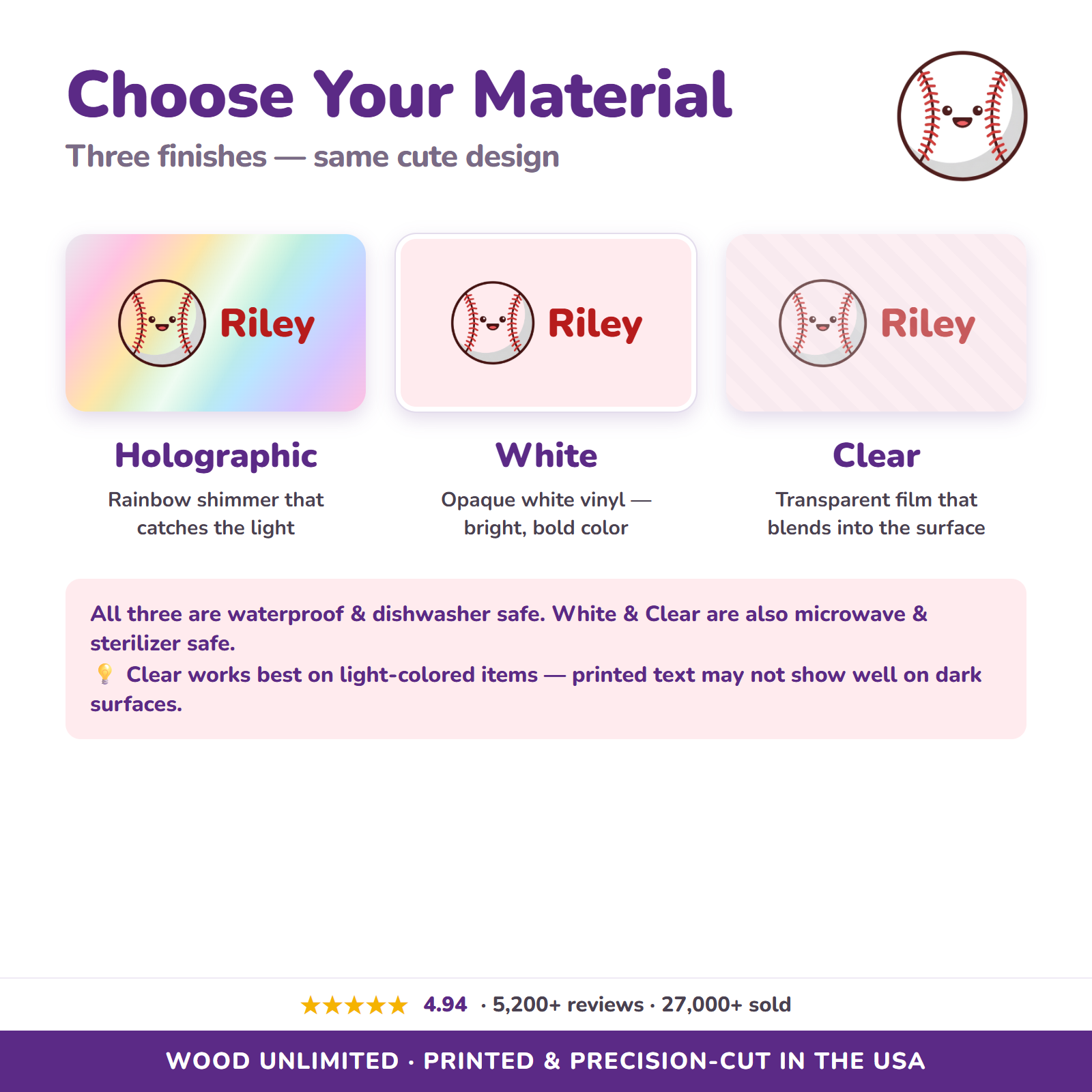 Holographic, white, and clear vinyl name label options